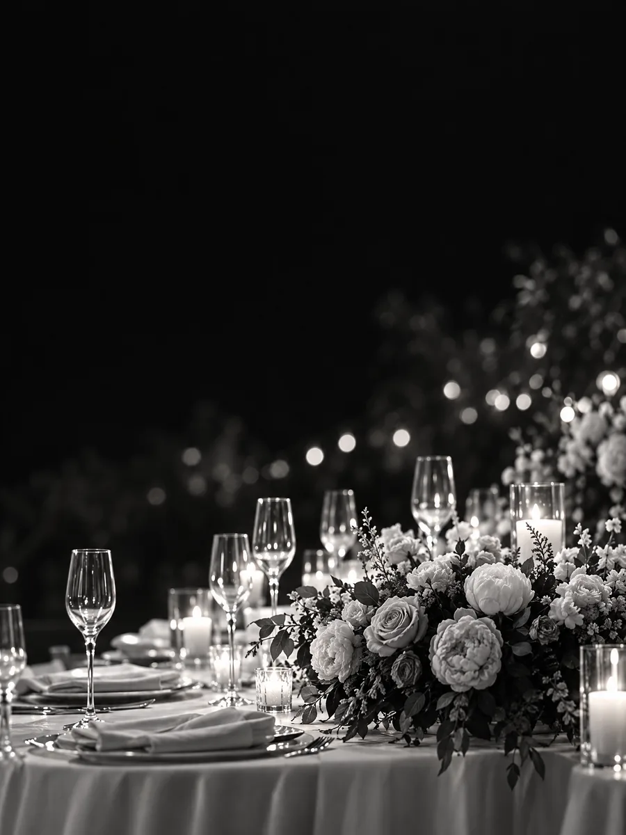 A wedding dinner table at night: glasses, candles and a low arrangement of flowers.