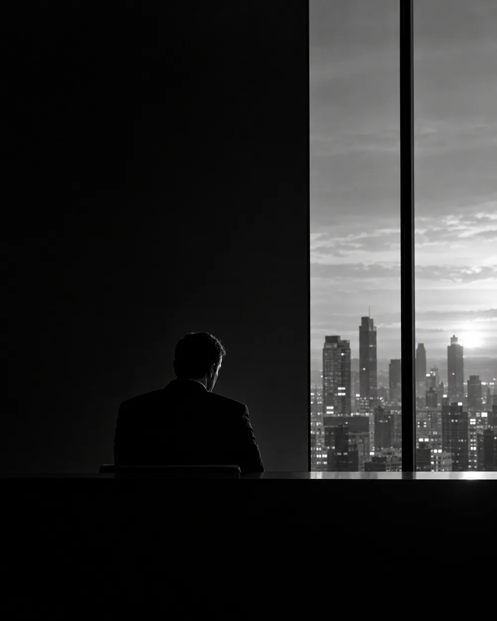 A consultant seen from behind, looking out over a city skyline through a floor-to-ceiling window.