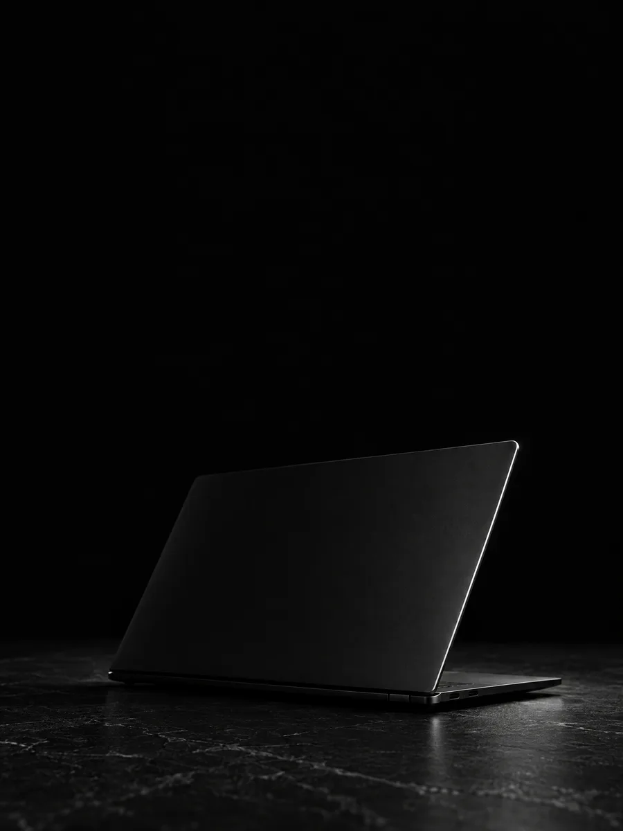 A closed black laptop on a dark surface, one edge caught by the light.