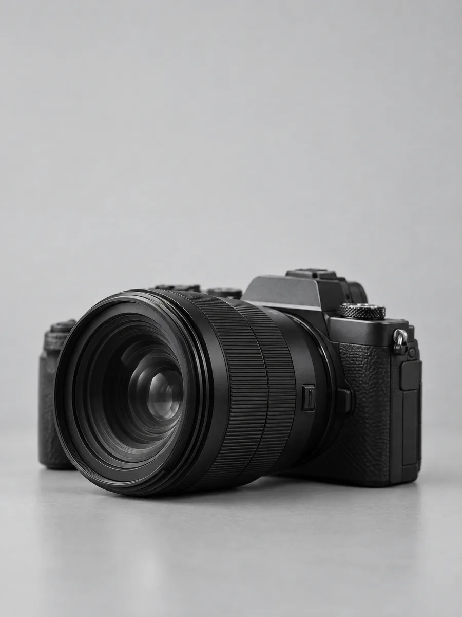 A mirrorless camera with a long lens lying on a light grey surface.