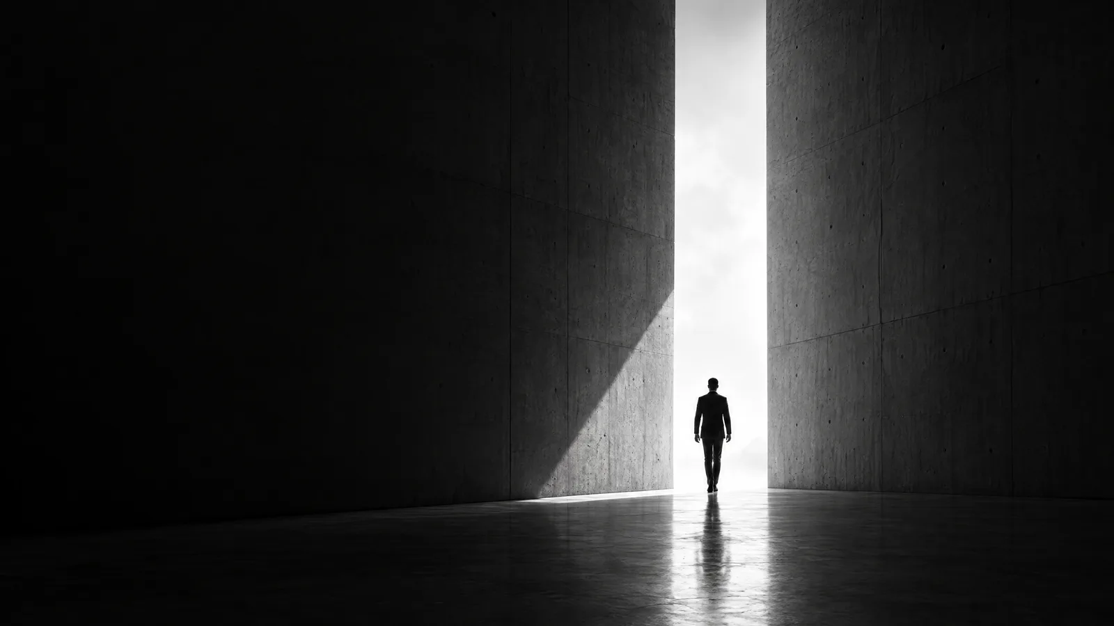 A man in a dark suit walks away from the camera towards a tall slot of daylight between two concrete walls.